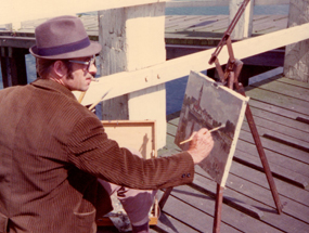 Roger schildert aan de Schelde